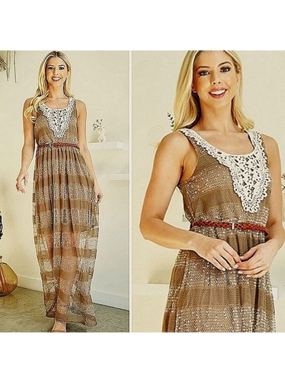 NWT Med A'Reve Striped Net Crocheted Maxi Sundress w/ Crocheted Neckline & Belt